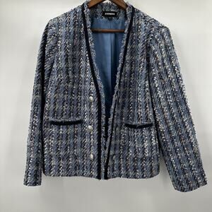 Express Womens Blazer Jacket Womens XL Blue Plaid Boucle Eyelash Tweed Open